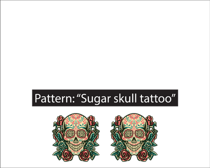 Image looks like a sugar skull drawn in traditional tattoo style. There are revolver pistols on either side surrounded by red roses.