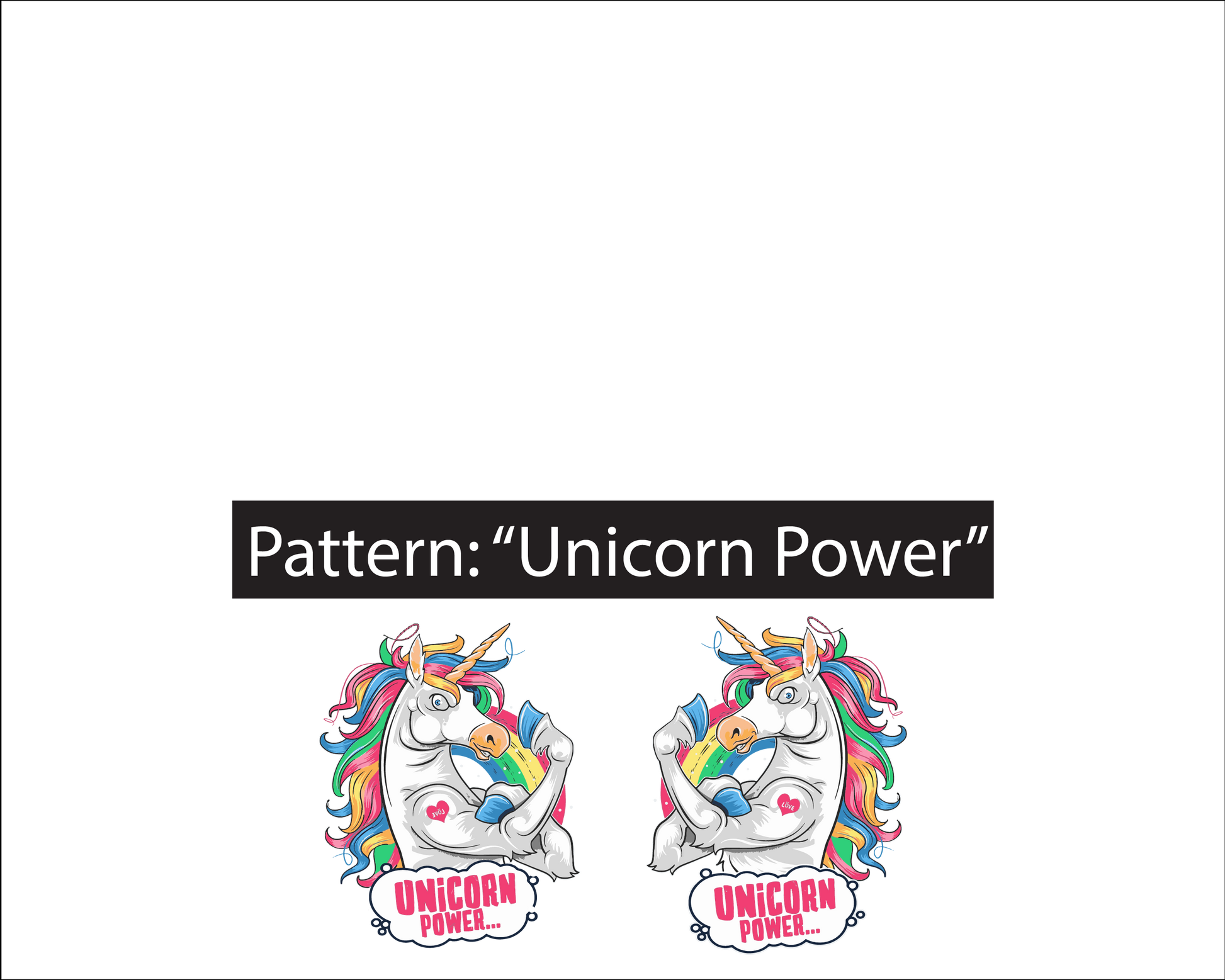 colorful tough and funny unicorn image with the words "unicorn power" written in comic book like speech bubbles. The unicorn also has a heart tattoo on its shoulder