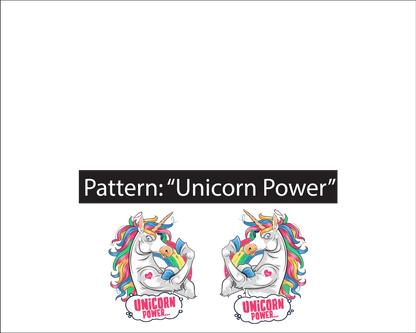 colorful tough and funny unicorn image with the words "unicorn power" written in comic book like speech bubbles. The unicorn also has a heart tattoo on its shoulder